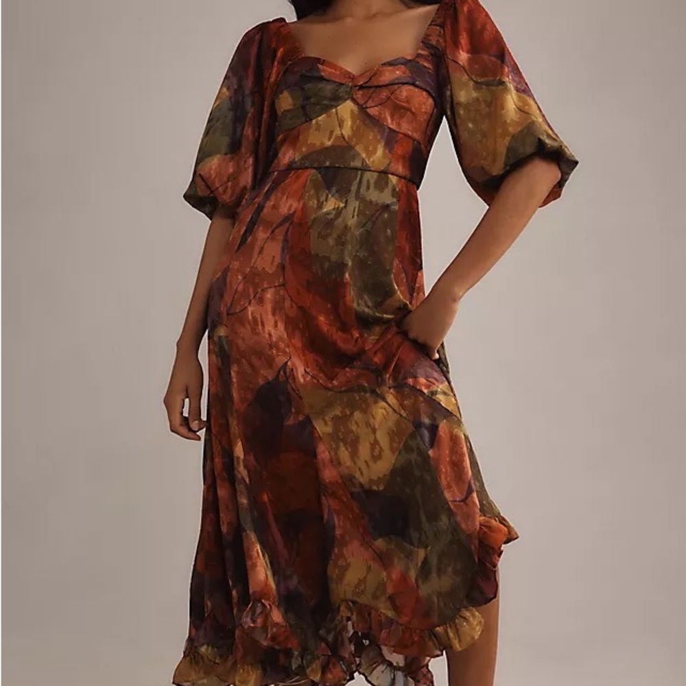 Anthropologie Hutch Printed Twist-Front Ruffle-Hem Puff-Sleeve Midi Dress